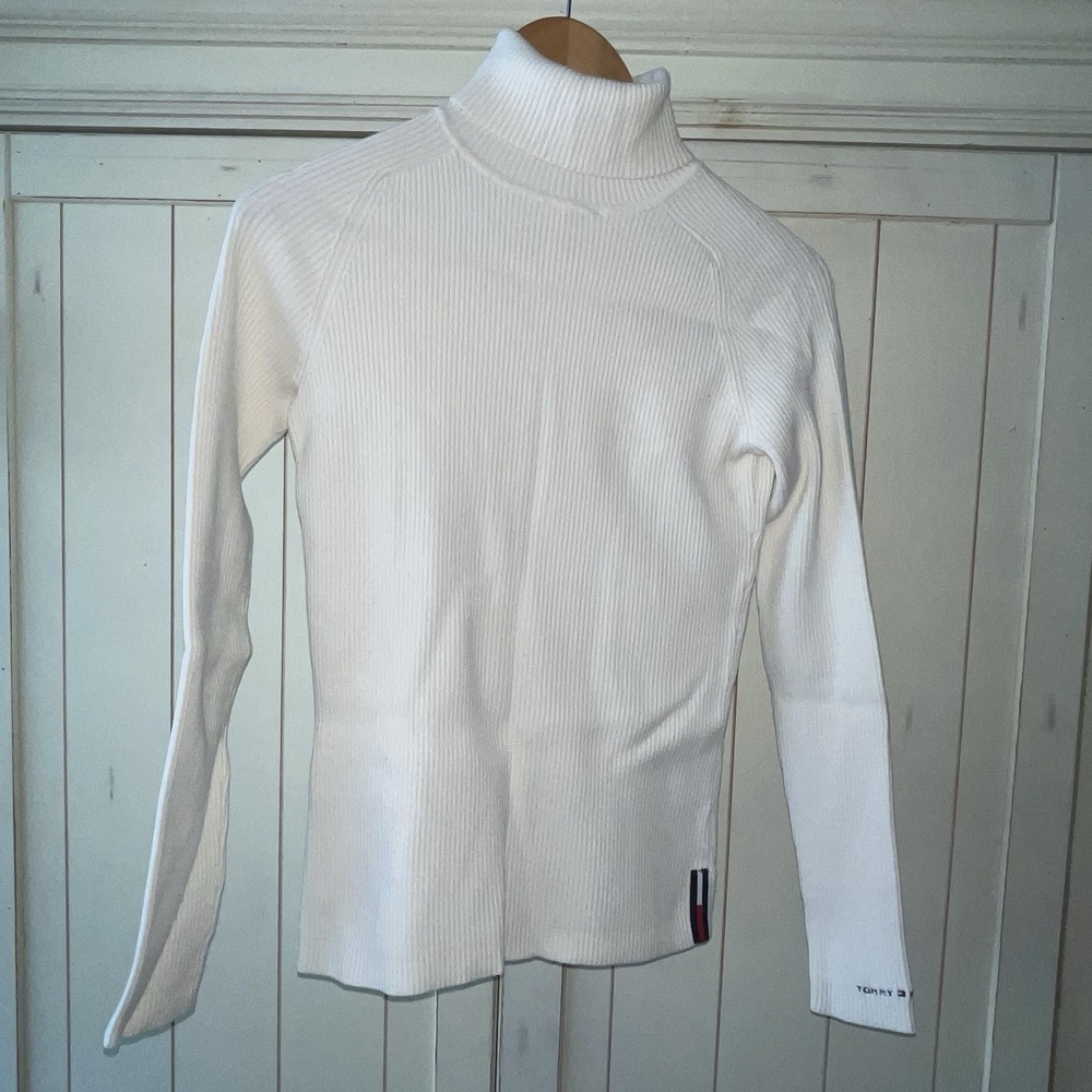 VTG Y2K Classic Tommy Hilfiger Cream Tan Logo Women's Ribbed Turtle Neck Size SP